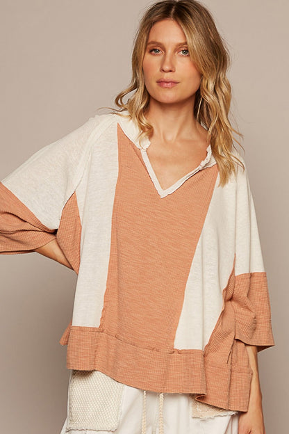 POL Notched Frayed Edge Contrast Top