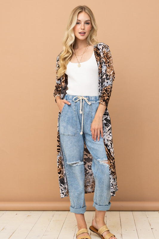 And The Why Leopard Floral Contrast Longline Kimono