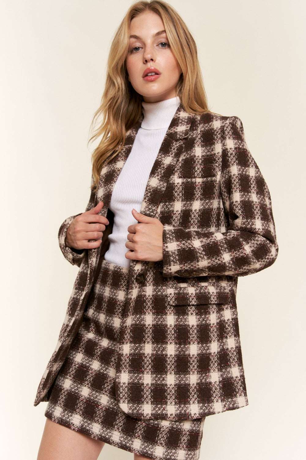 And The Why Full Size Plaid Brushed Blazer