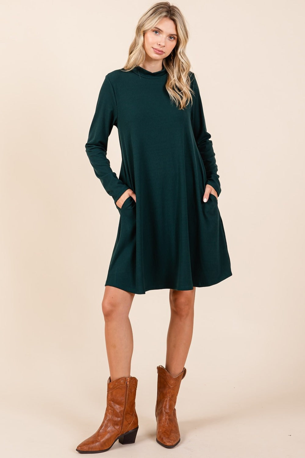 Mittoshop Ribbed Mock Neck Dress with Pockets