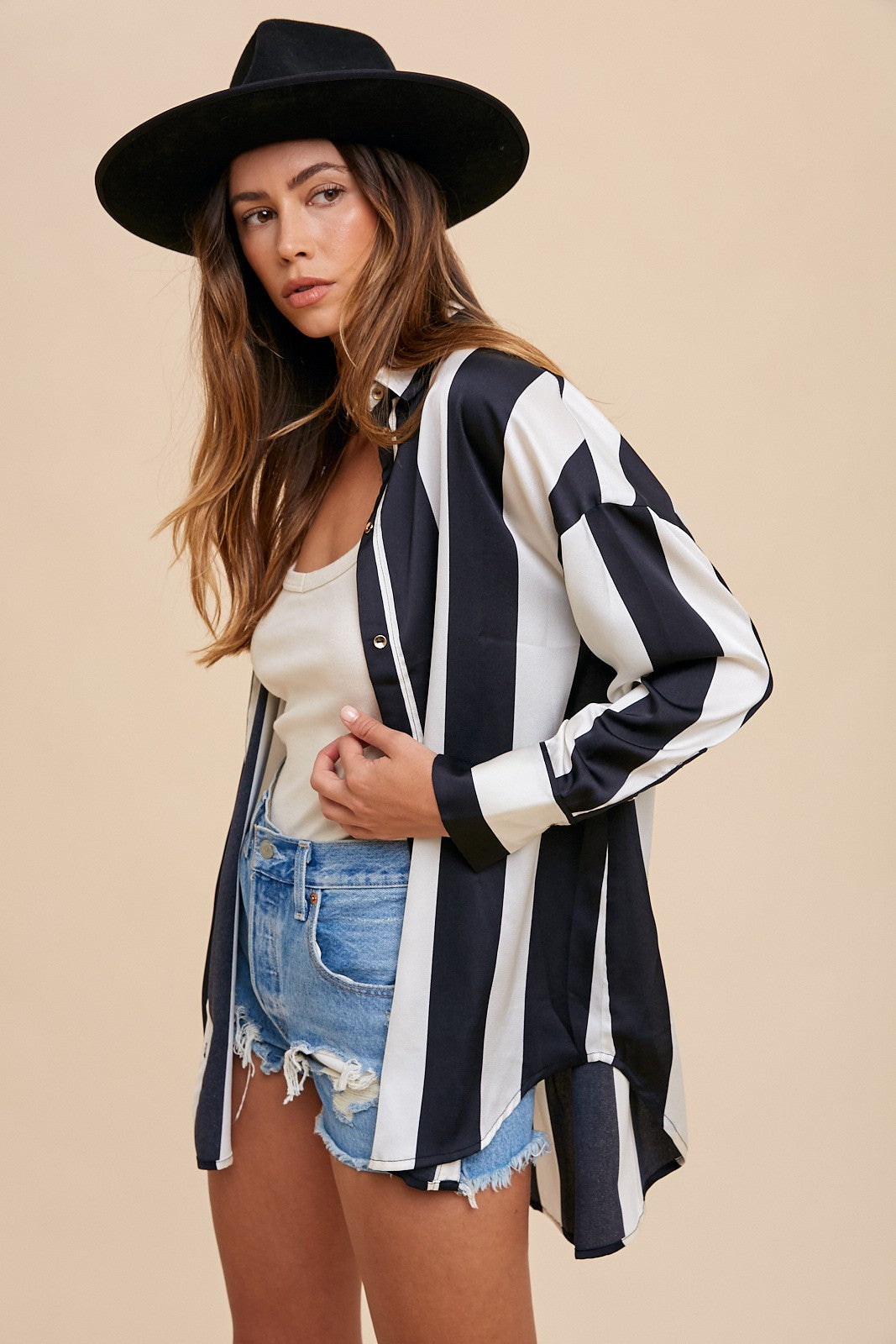 Annie Wear - Striped Dropped Shoulder Button Up Shirt