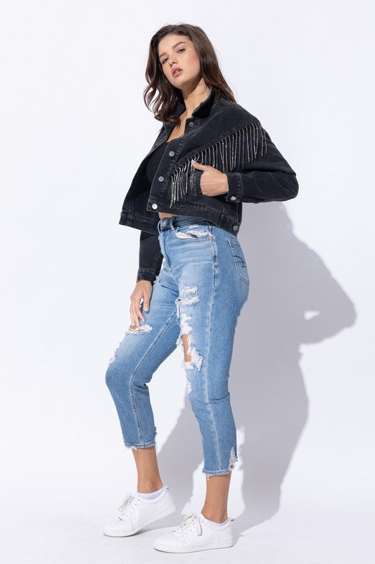 Sweet Generis Crop Denim Jacket with Rhinestone Fringe