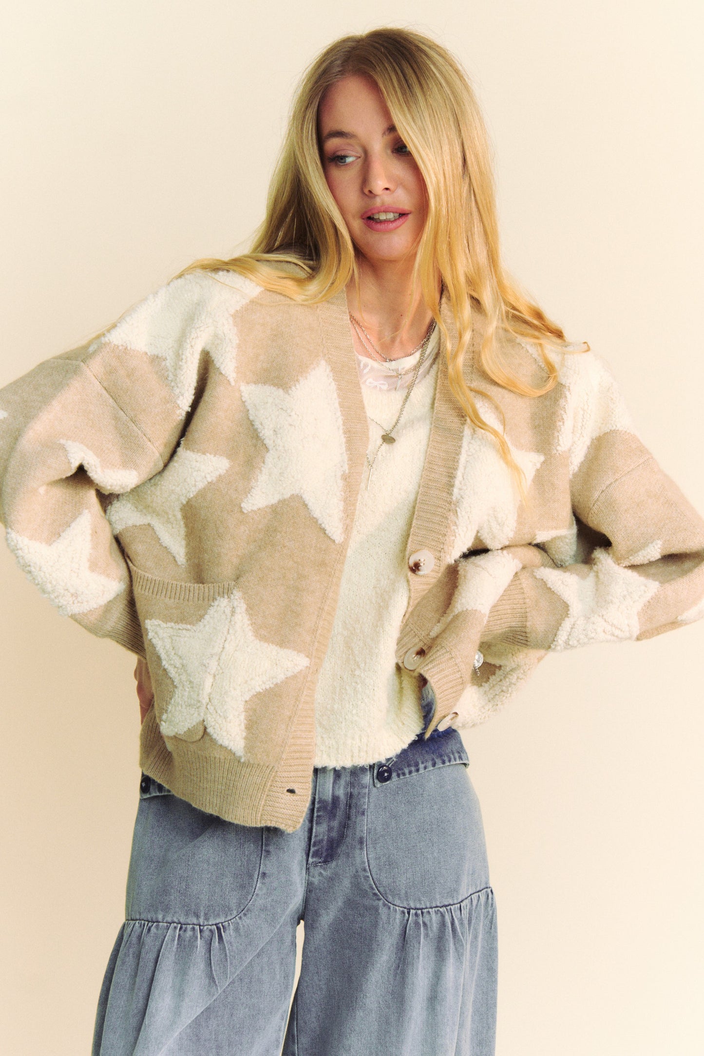 Davi & Dani - Fuzzy Star Button Down Cardigan