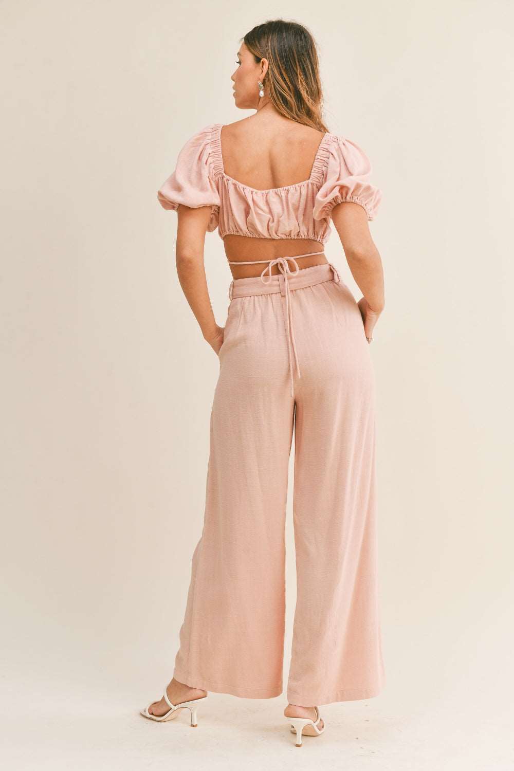 Cut Out Drawstring Top and Belted Pants Set