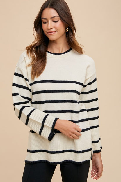 Annie Wear - Side Slit Striped Round Neck Sweater