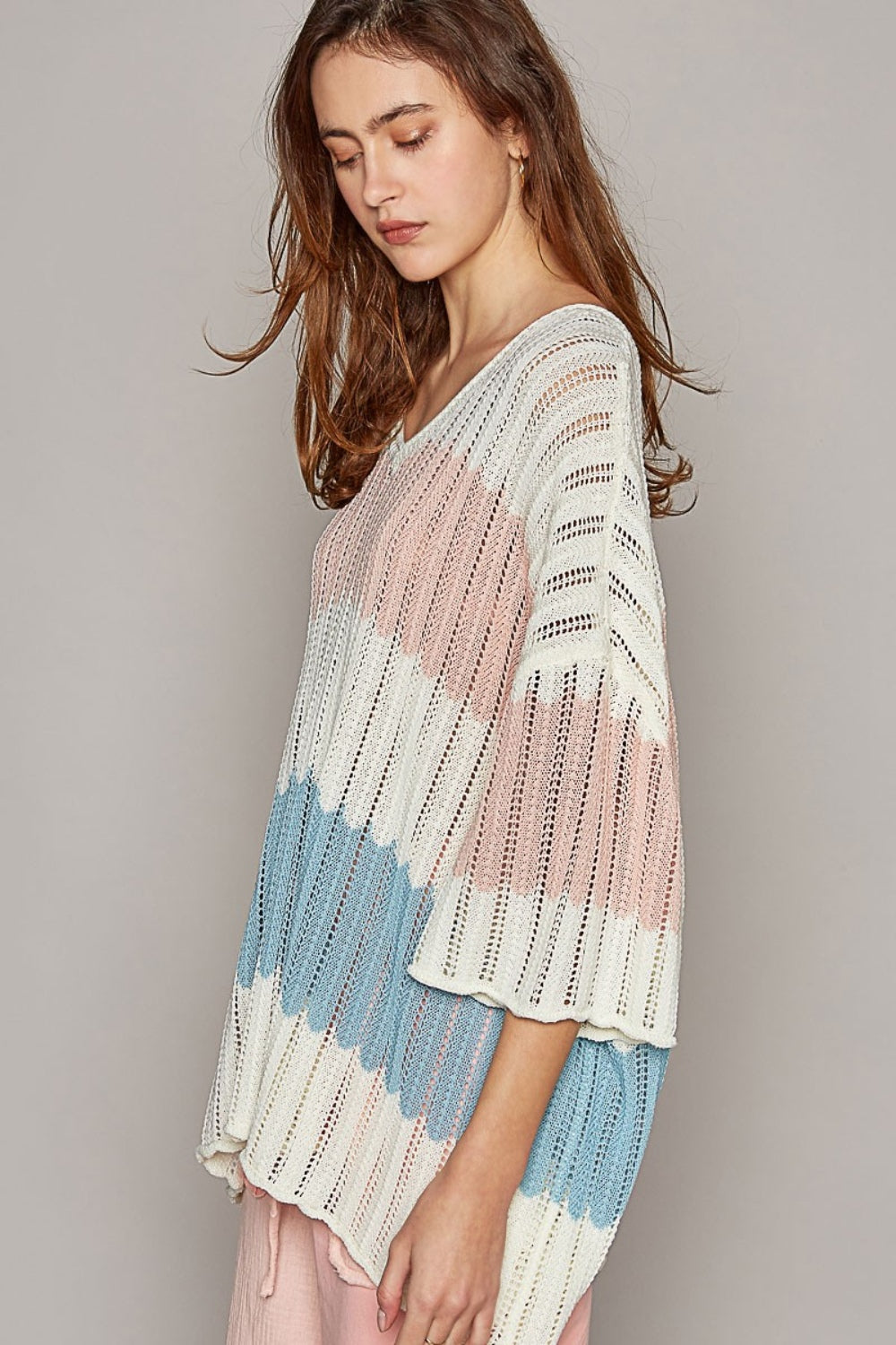 POL V-Neck Stripe Weave Sweater