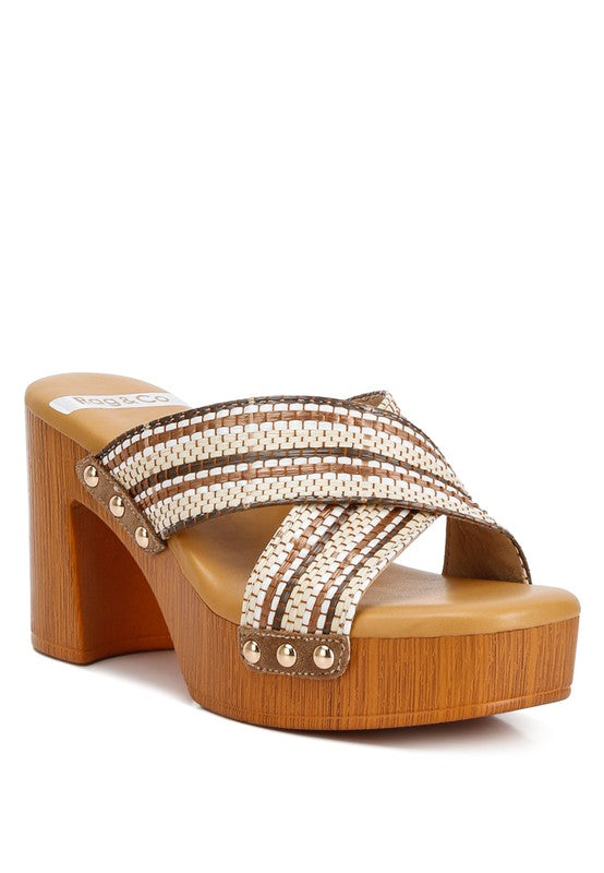 FINLEY Raffia High Block Heel Mules