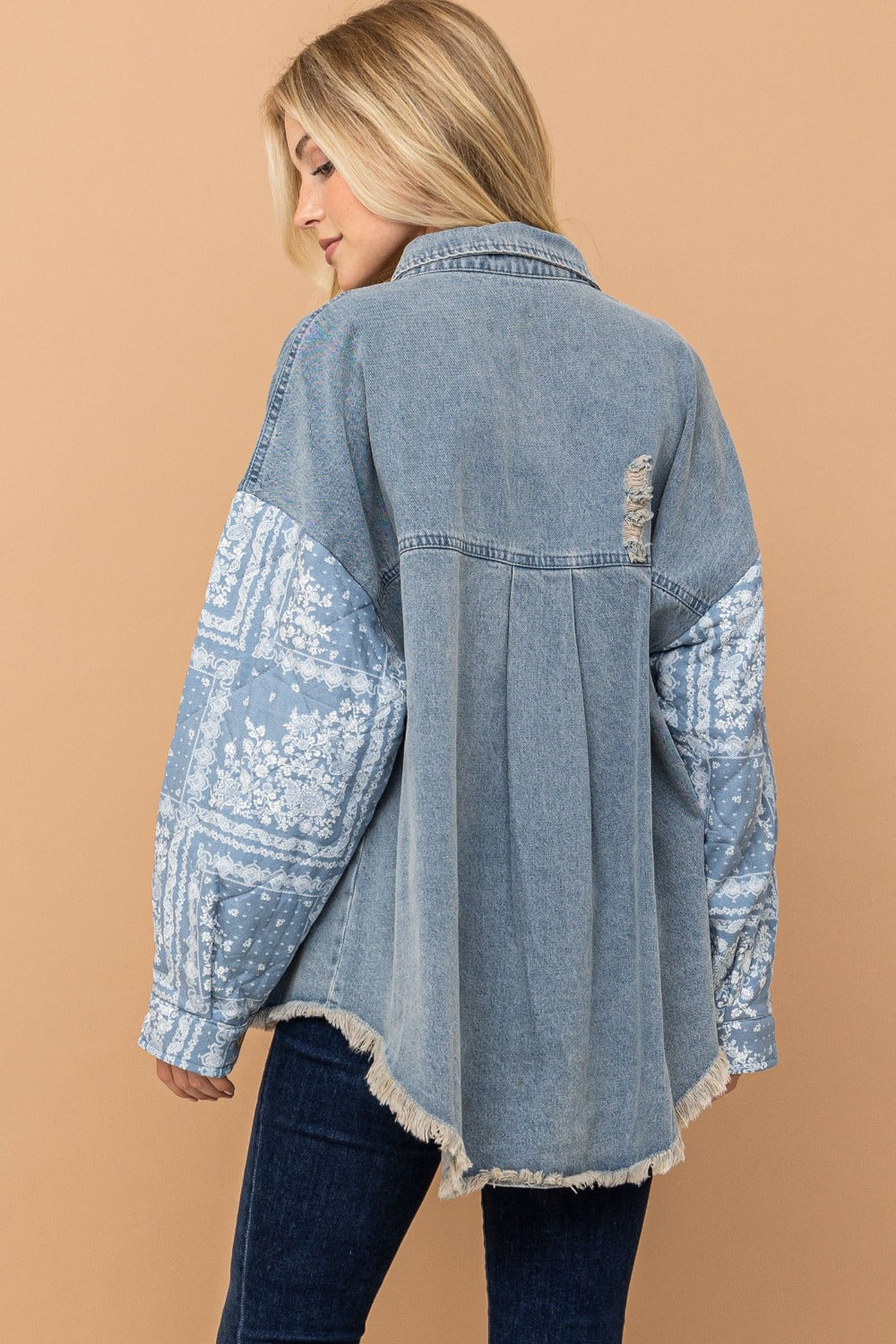 And The Why Full-Size Paisley Print Quilted Sleeve Denim Shacket