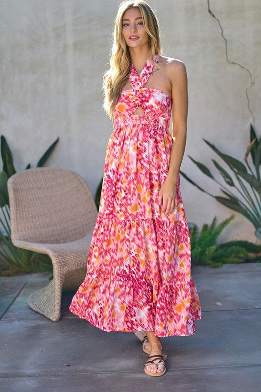 Davi & Dani Printed Halter Maxi Dress