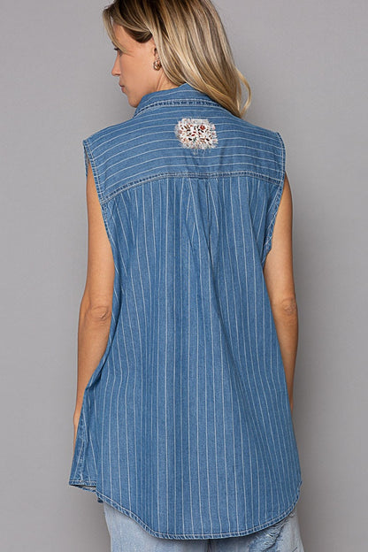 POL Sleeveless Striped Denim Shirt