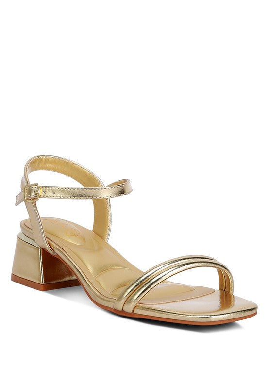 ZABOU Metallic Ankle Strap Low Block Heel Sandal