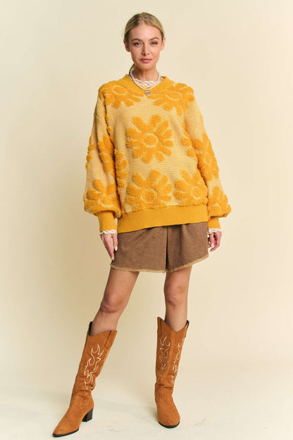 Davi & Dani - Flower Texture Round Neck Dropped Shoulder Sweater