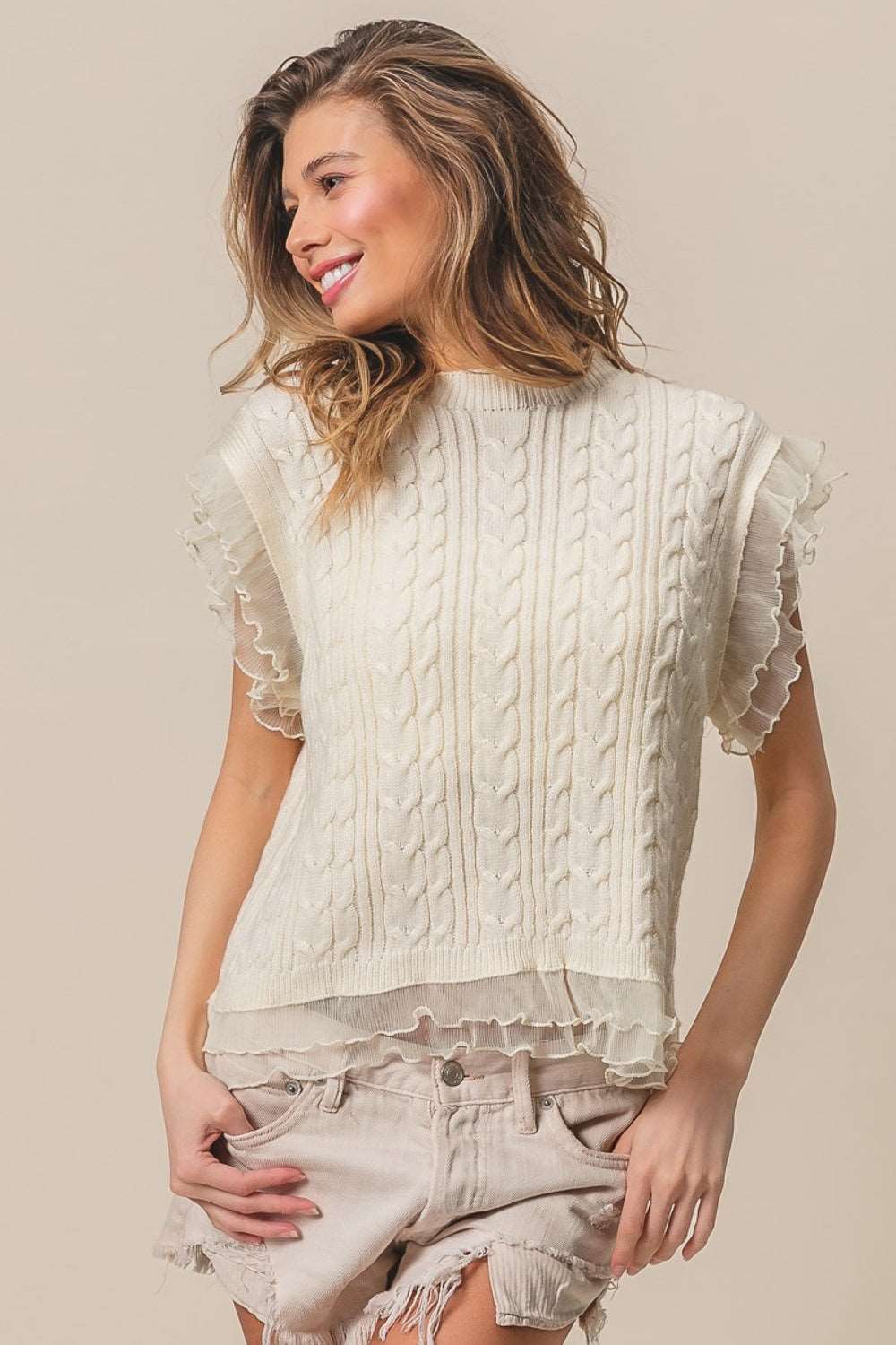 Chiffon Edge Cable Knit Top