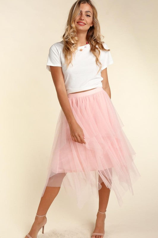 Plus Size - Asymmetric Tiered Tulle Midi Skirt