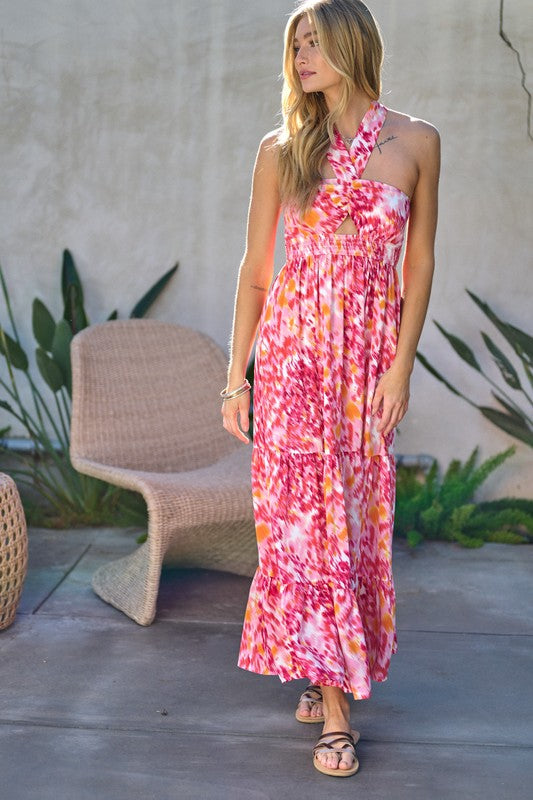 Davi & Dani Printed Halter Maxi Dress