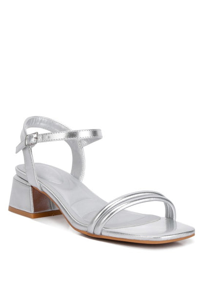 ZABOU Metallic Ankle Strap Low Block Heel Sandal