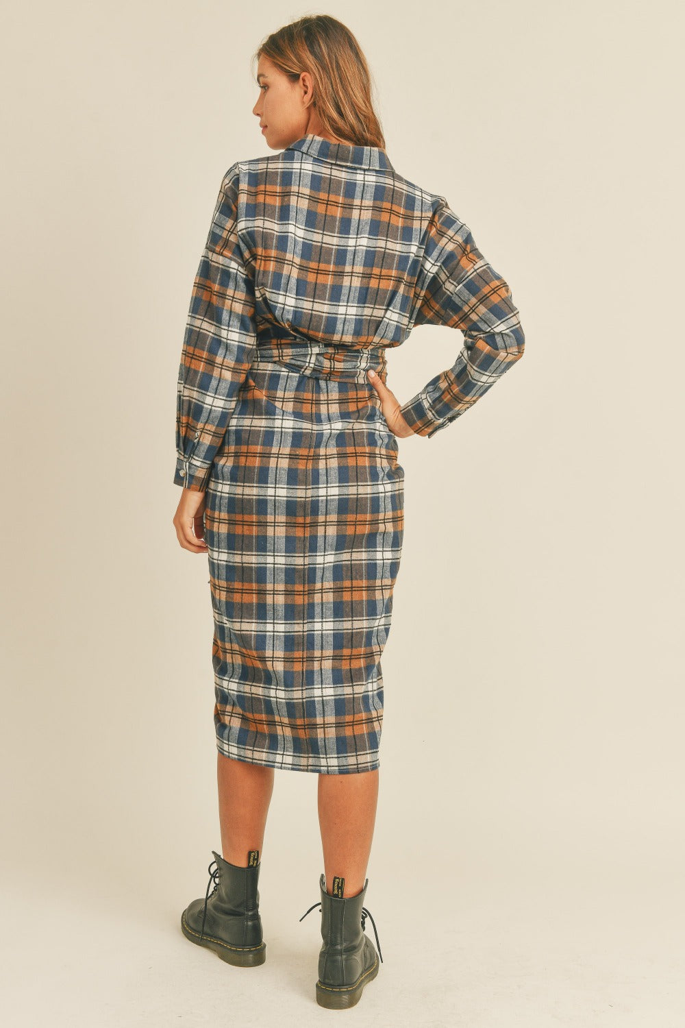 MABLE Plaid Flannel Front Tie Shirt Dress