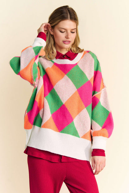 Davi & Dani - Exposed Seam Color Block Dropped Shoulder Sweater