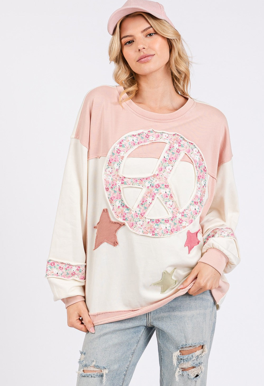 SAGE + FIG - Peace & Star Patch Contrast Round Neck Sweatshirt