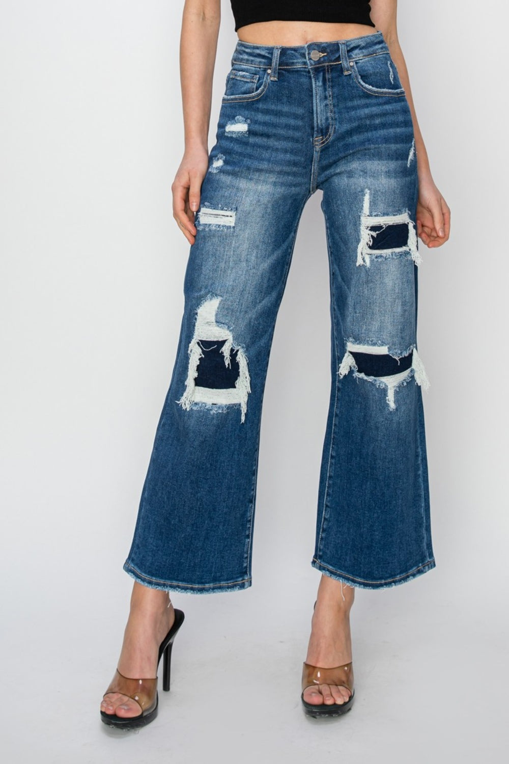 RISEN Full Size Patch Detailed Wide Leg Crop Jeans