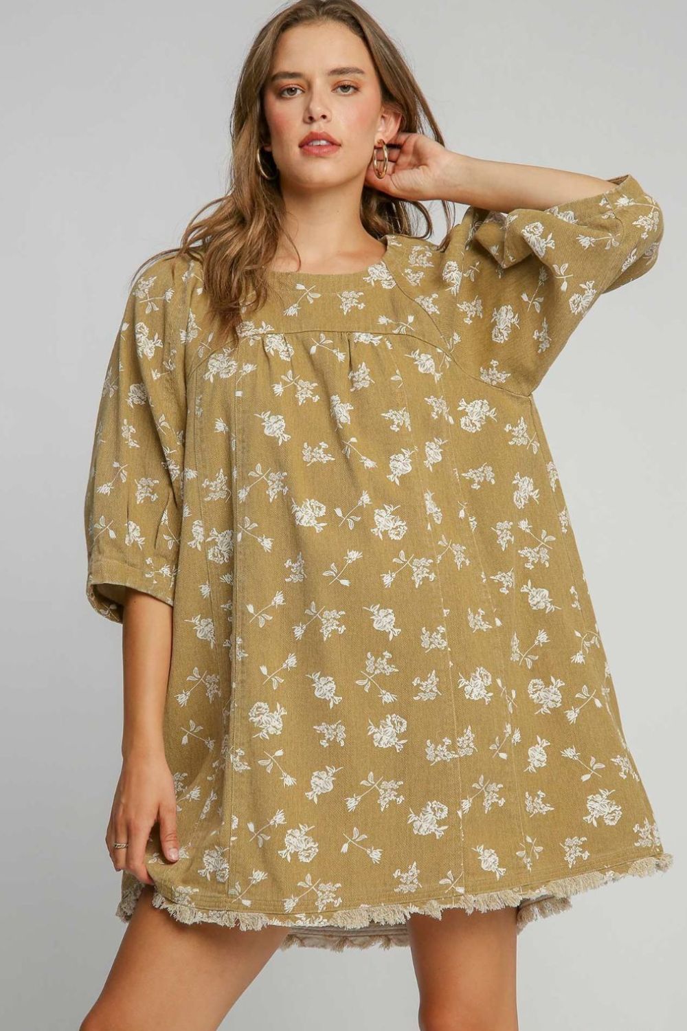 Umgee - Raw Hem Floral Print Round Neck Denim Dress