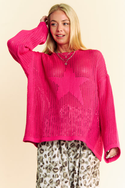 Davi & Dani - Star Front Crochet Drop Shoulder Knit Top