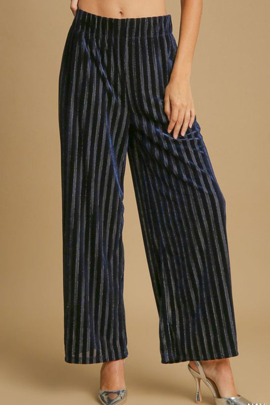 Umgee - Full Size Elastic Waist Striped Wide Leg Velvet Pants