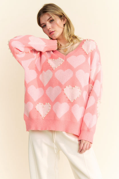 Davi & Dani - Heart Pearl Side Slit V Neck Sweater