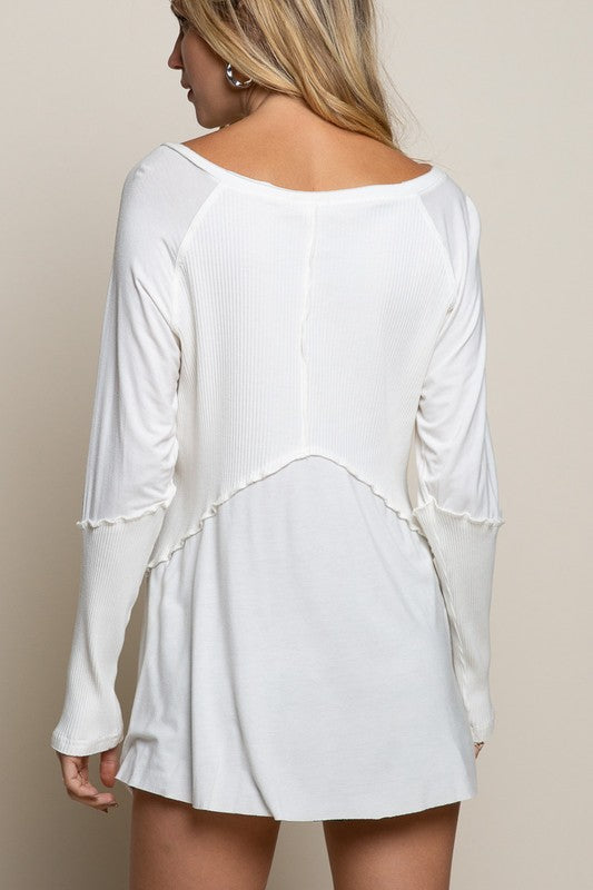 POL Light Wash Rib Textured Long Sleeve Top