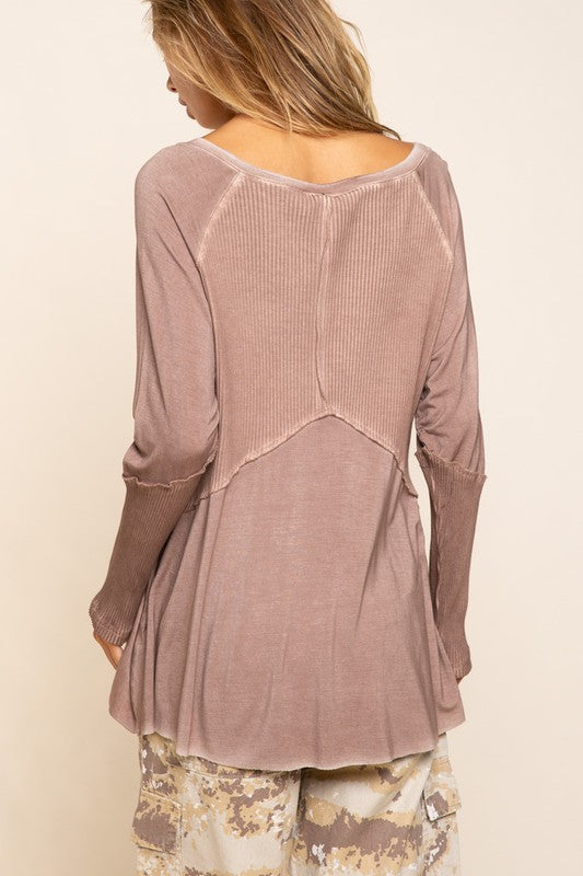 POL Light Wash Rib Textured Long Sleeve Top