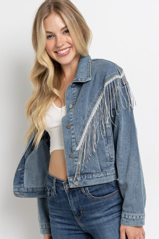 Sweet Generis Crop Denim Jacket with Rhinestone Fringe