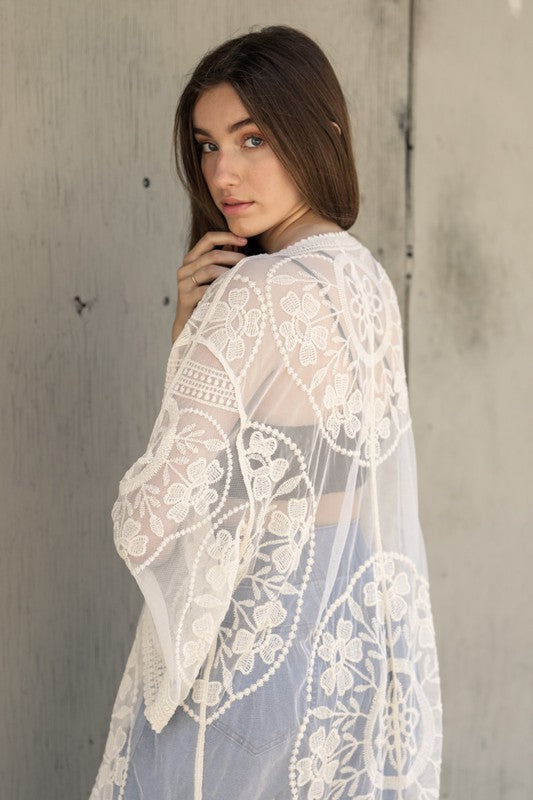 Contrast Mesh Lace Kimono