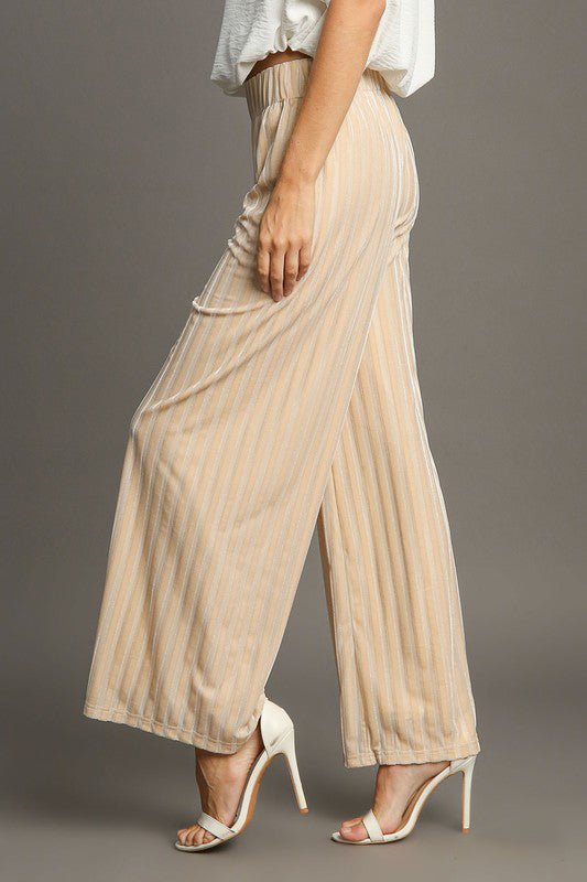 Umgee - Elastic Waist Striped Wide Leg Velvet Pants