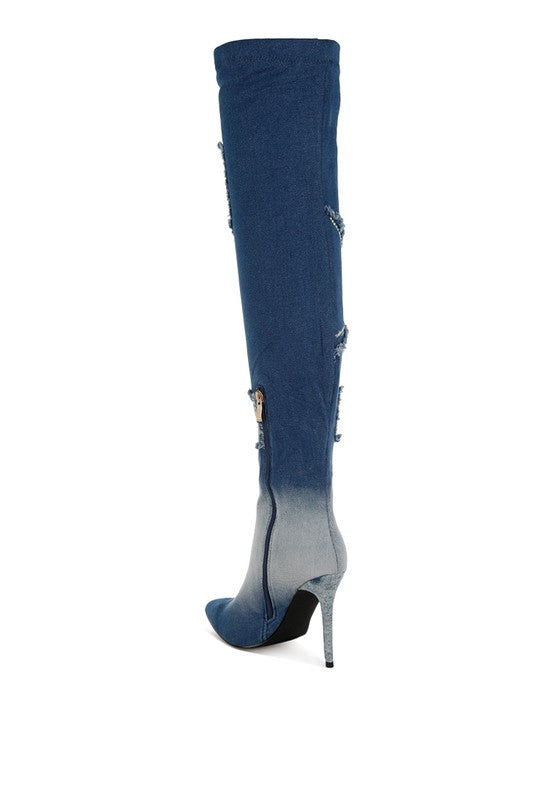 EILISH Rhinestone Knee - High Denim Boots