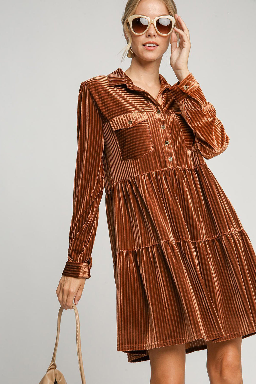 Umgee - Texture Tiered Collared Long Sleeve Dress