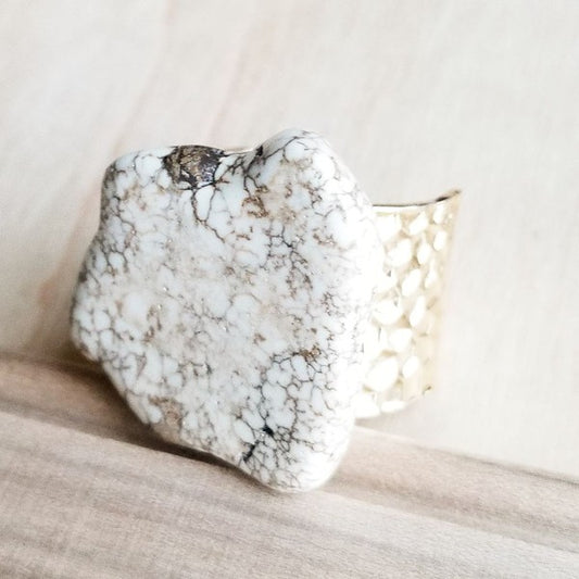 White Turquoise Slab on Hammered Gold Ring