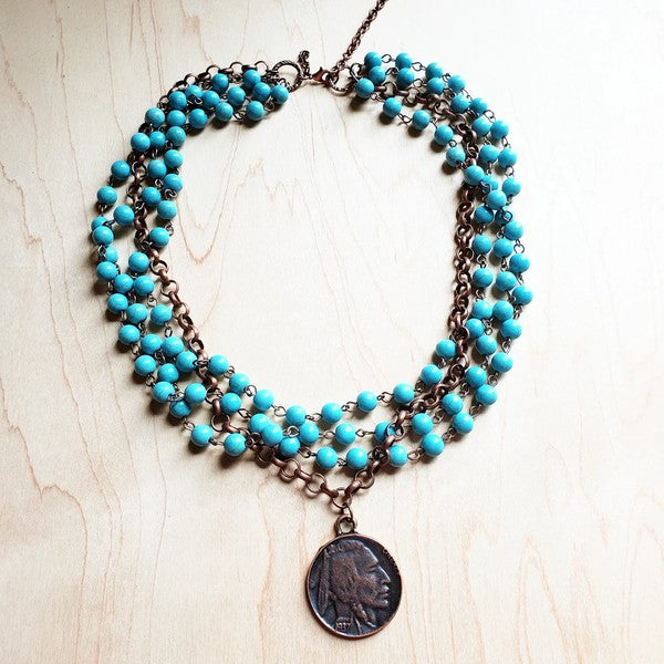 Blue Turquoise Collar Necklace with Indian Head Coin