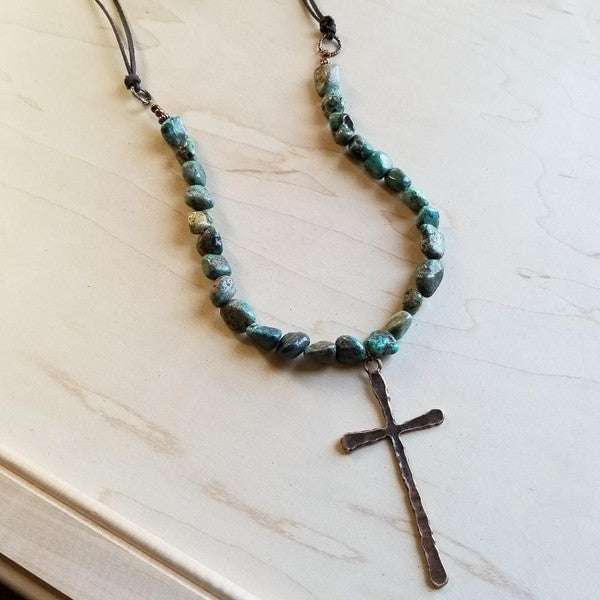 African Turquoise Necklace with Large Cross Pendant