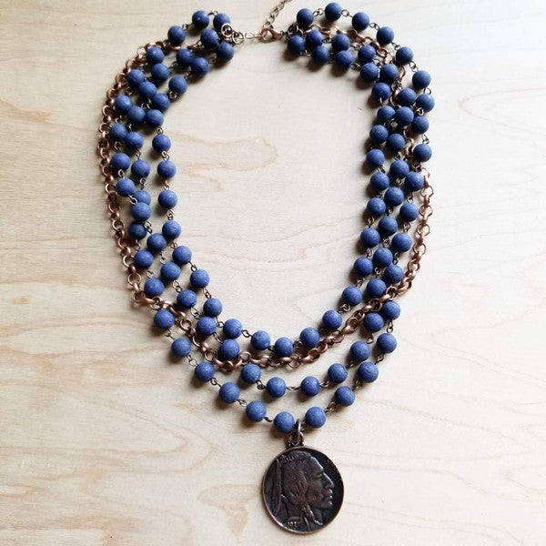 Frosted Blue Lapis Collar Necklace with Indian Head Coin