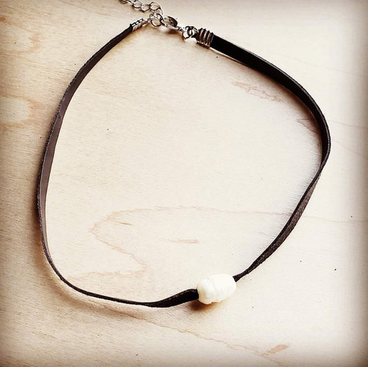 Floating Pearl Leather Choker Necklace