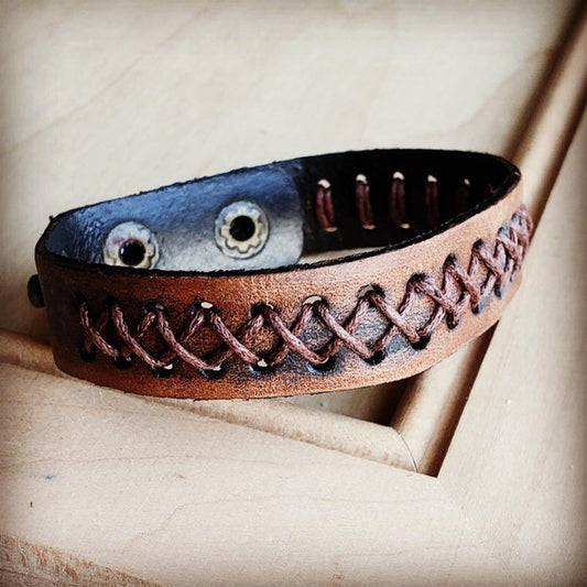 Vintage Distressed Leather Cuff with Hand Lacing