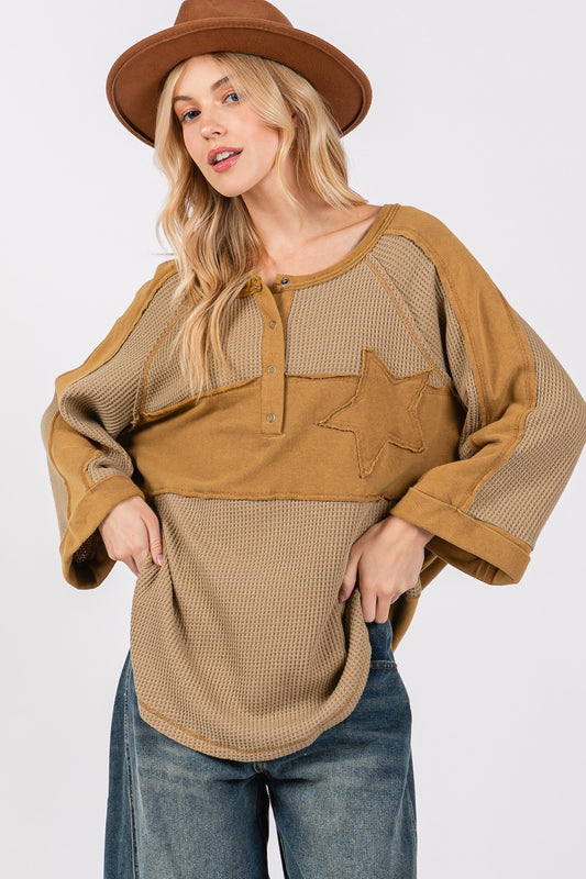 SAGE + FIG Star Applique Patch Waffle Knit Top