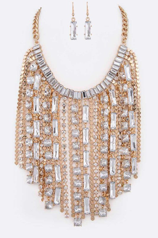 Crystal Fringe Chain Statement Necklace Set