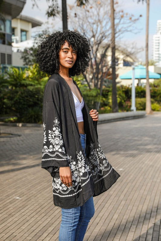 Embroidered Floral Vine Lightweight Kimono