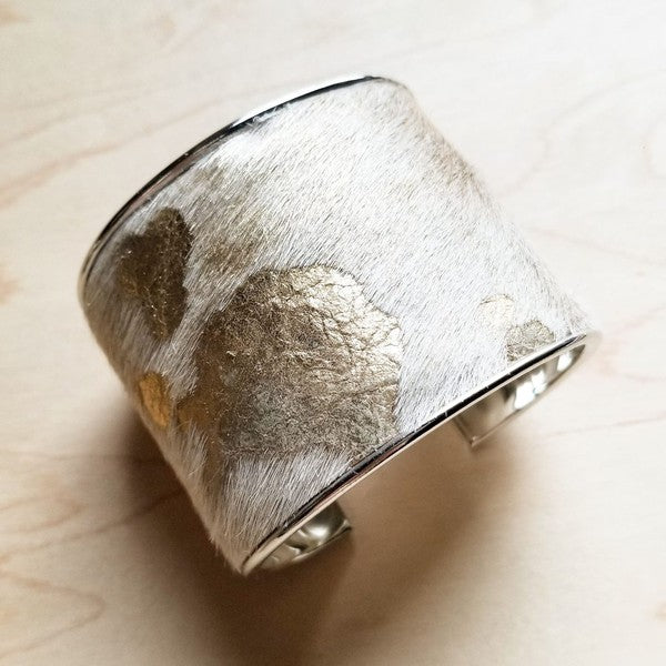 Hair-on-Hide Gold and Cream Metallic Leather Cuff Bangle Bracelet