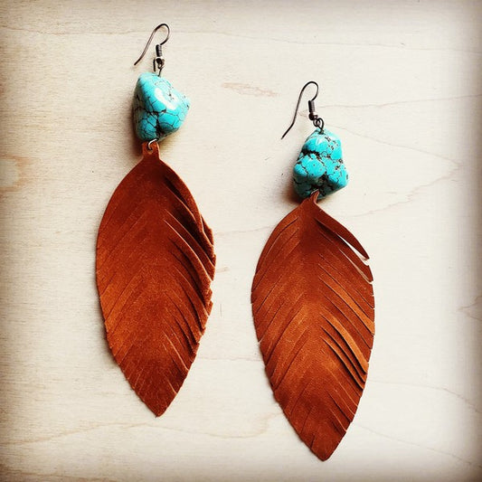 Suede Feather Earrings with Turquoise Chunks