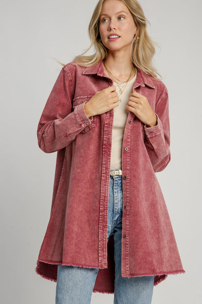 Umgee - Raw Hem Button Down Denim Jacket with Chest Pockets