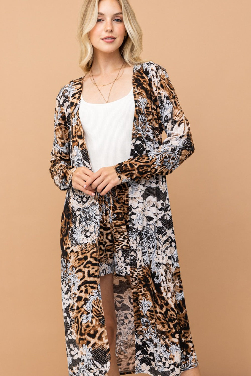 And The Why Leopard Floral Contrast Longline Kimono