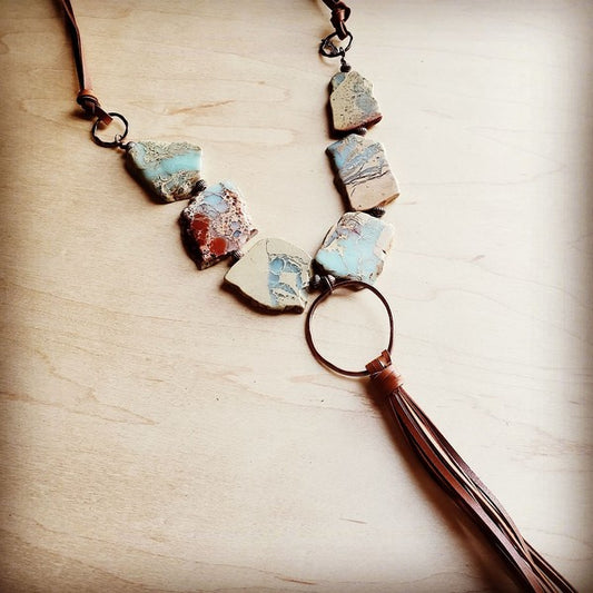 Aqua Terra Slab Necklace with Copper Hoop & Suede Tassel