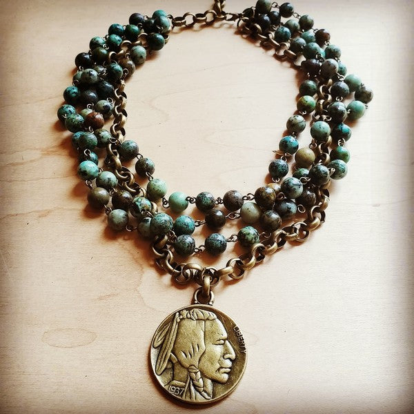 African Turquoise Necklace with Indian Head Coin